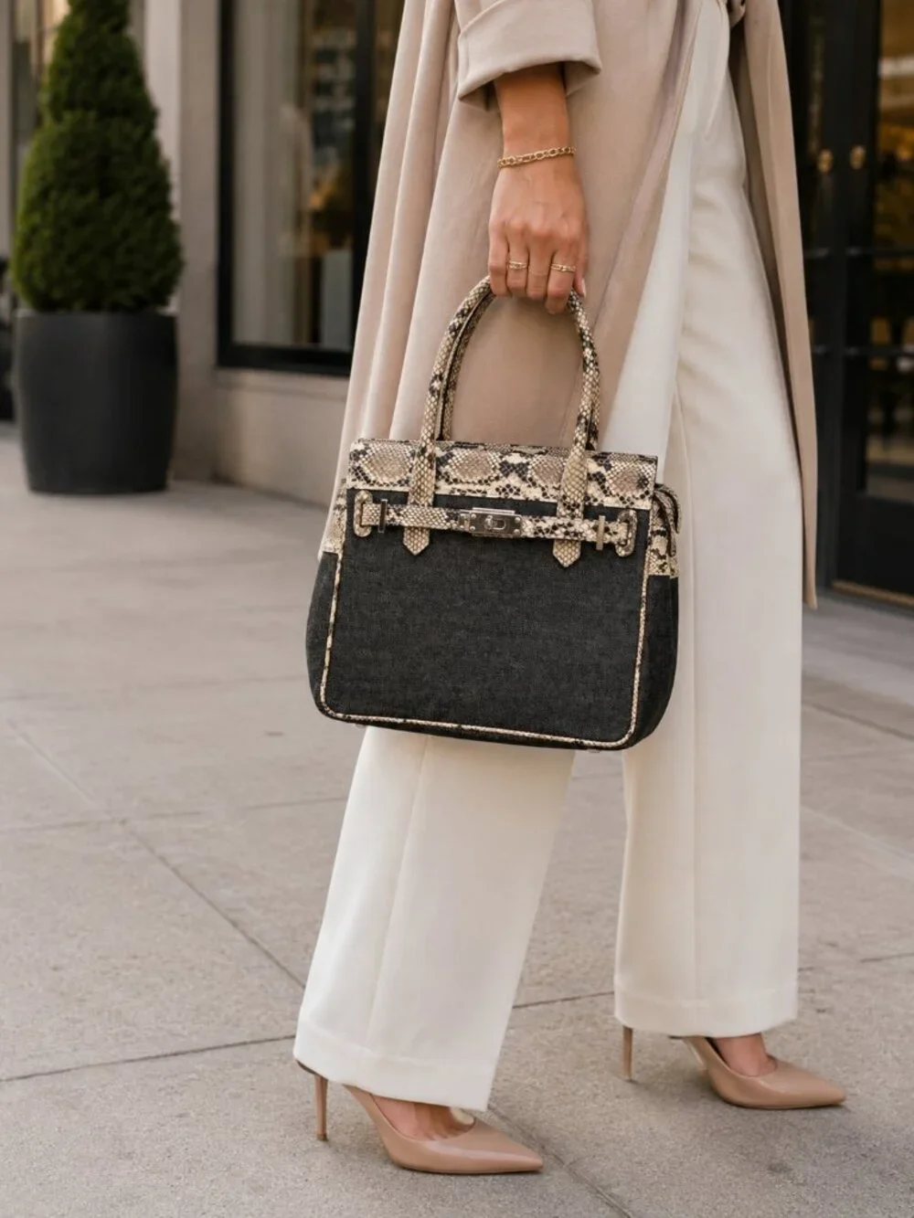 Castellari Milano Italian Leather & Denim Canvas Satchel-Snakeskin Leather Trim